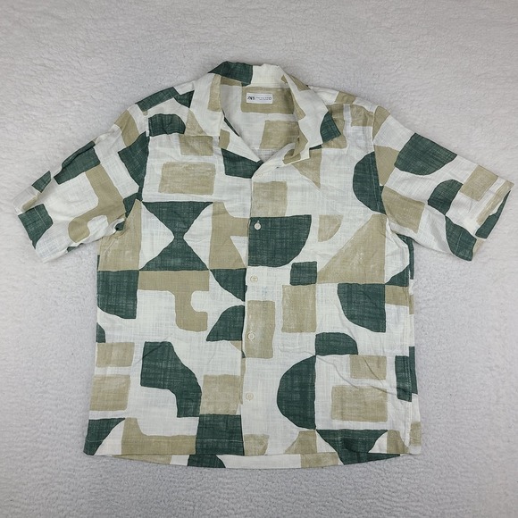 Zara Other - ZARA Shirt Mens XL Green Beige Geometric Linen Hawaiian Button Up Short Sleeve